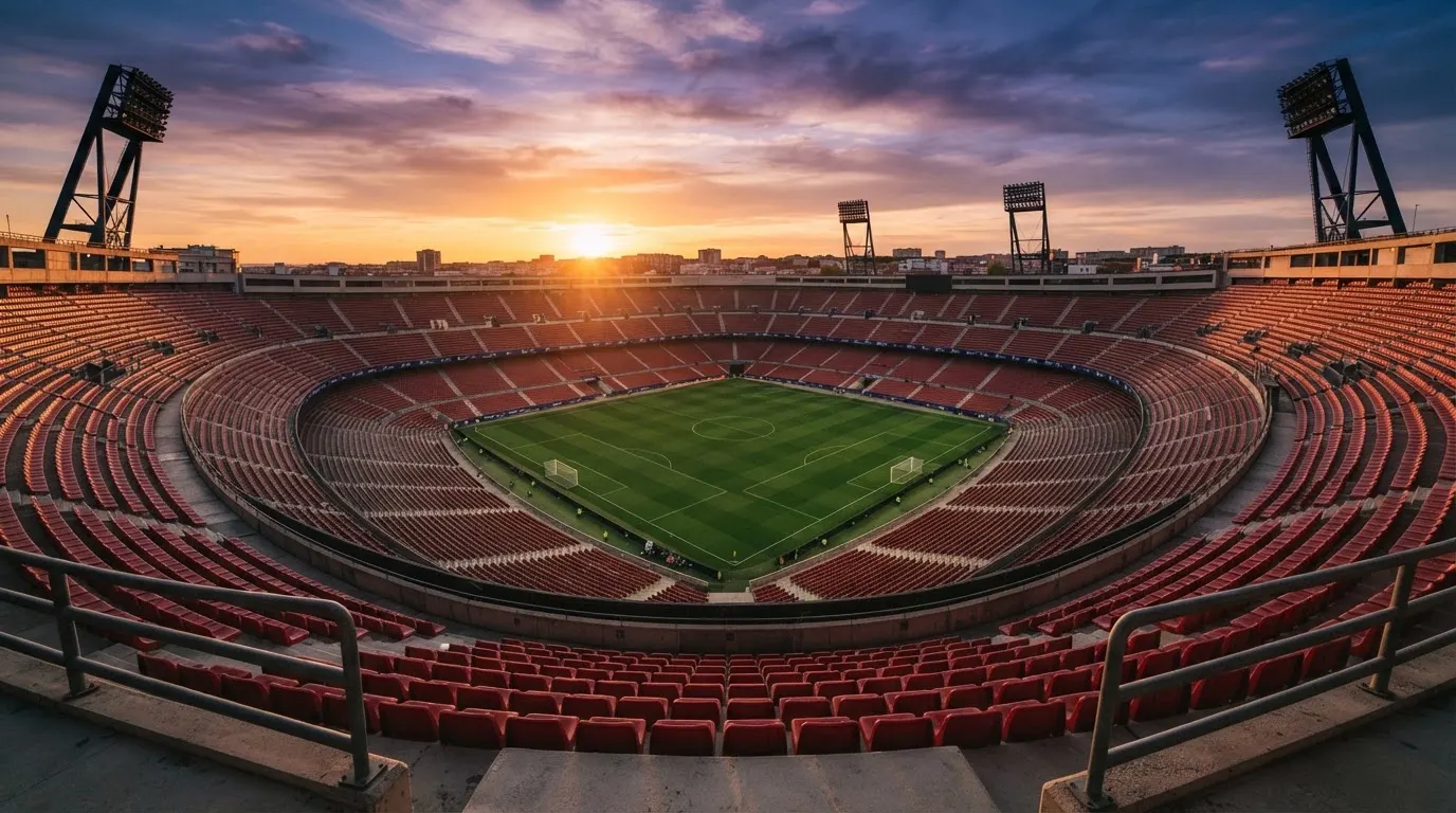 Un estadio de fútbol vacío con torres de iluminación al atardecer