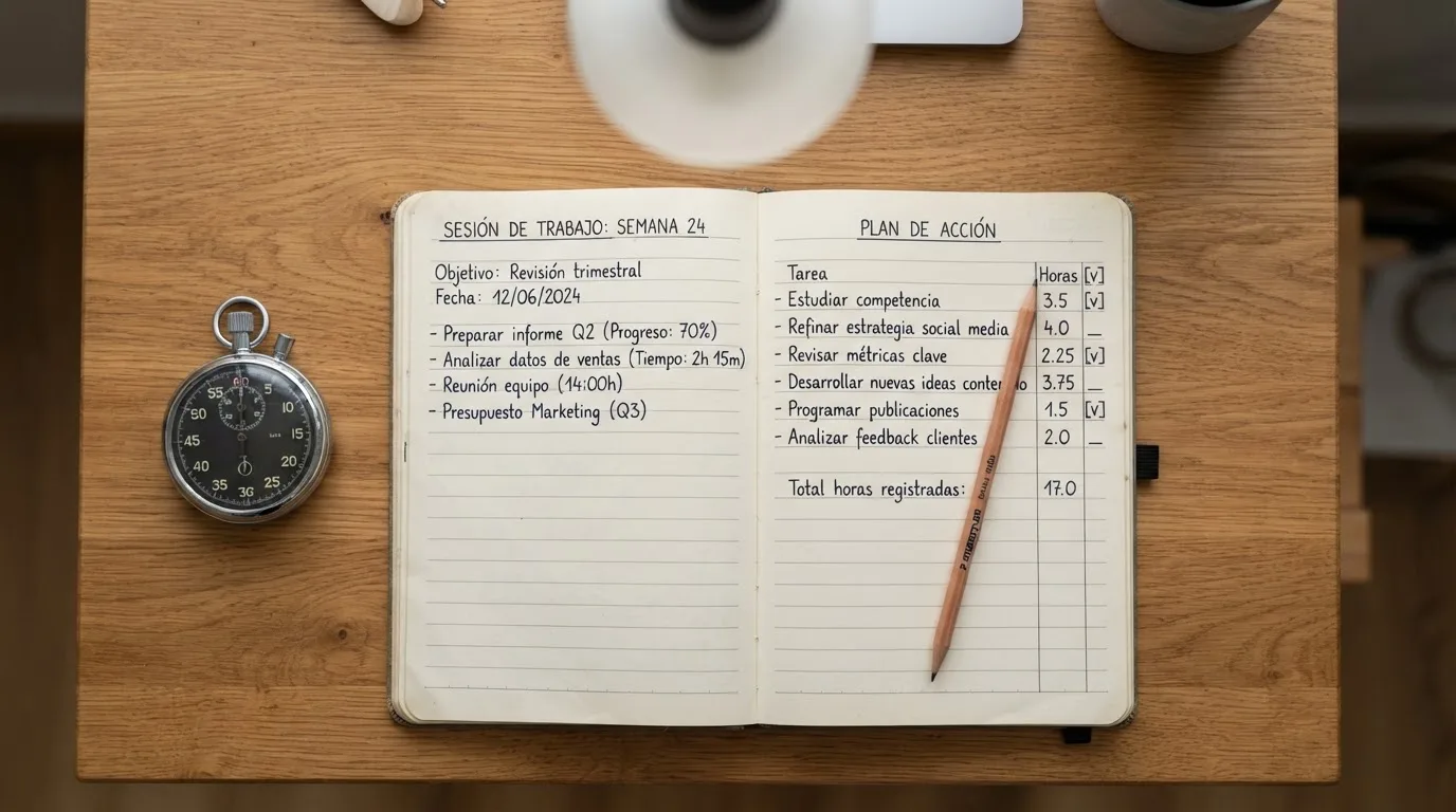 Un cuaderno abierto con un lápiz y un cronómetro sobre una mesa de madera