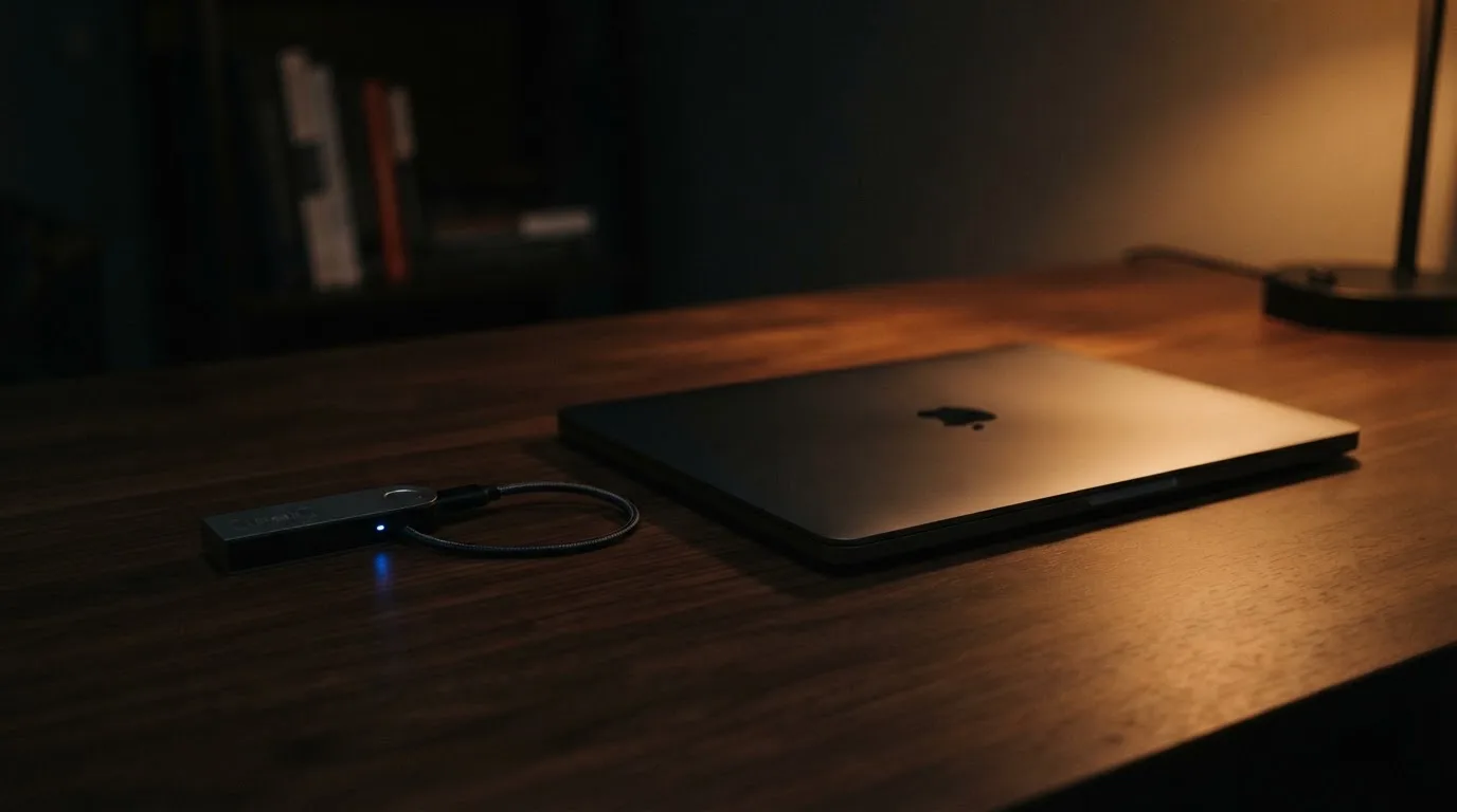 Un monedero físico de criptomonedas y un portátil cerrado sobre un escritorio con poca luz