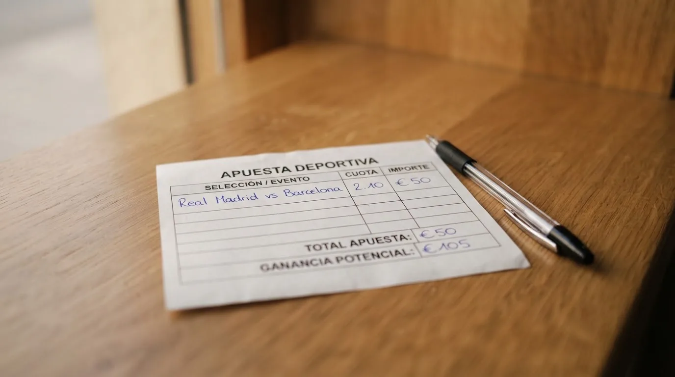 Un boleto de papel en blanco junto a un bolígrafo sobre un mostrador de madera
