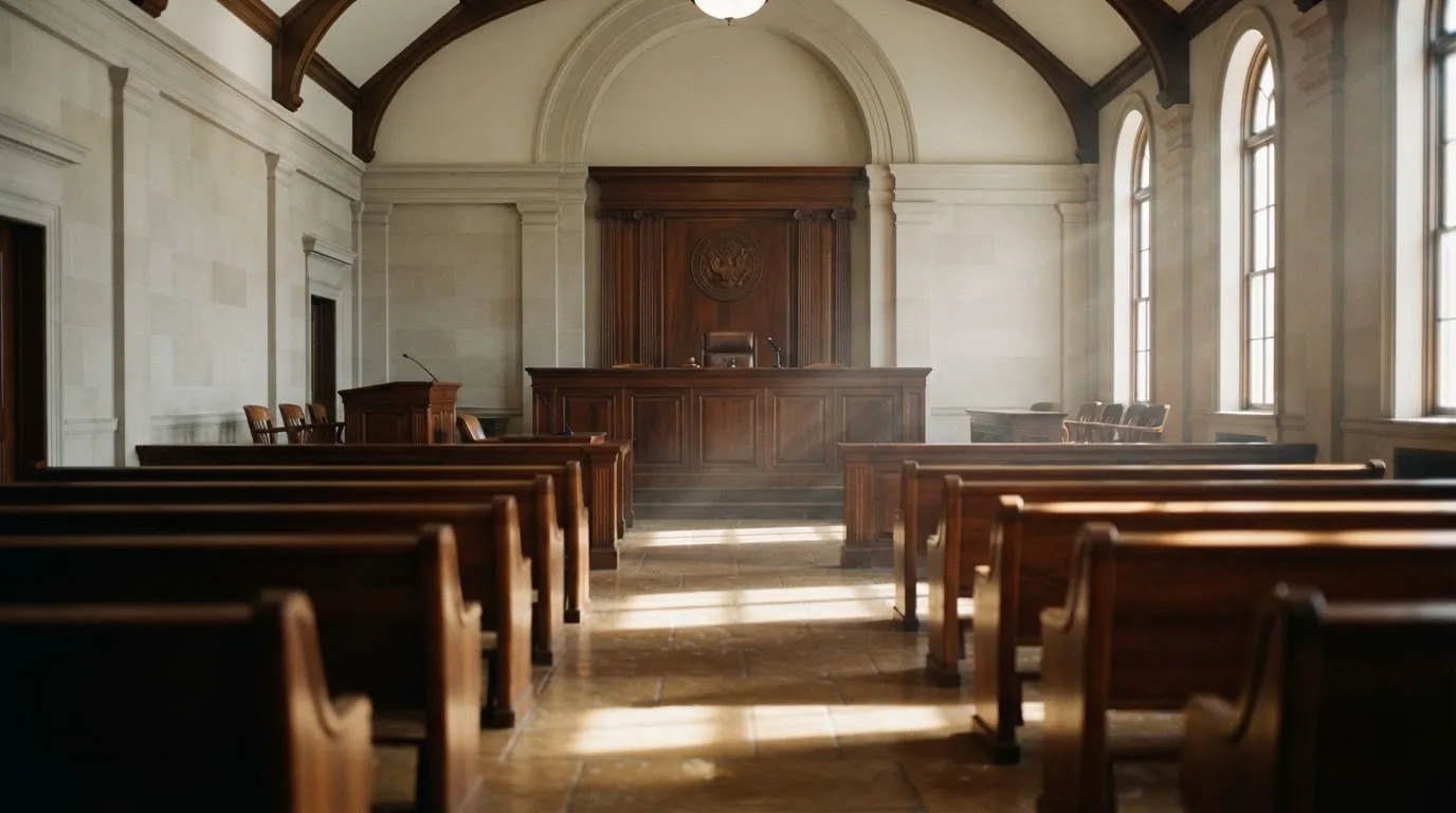 Una sala de tribunal vacía con bancos de madera a la luz de la mañana