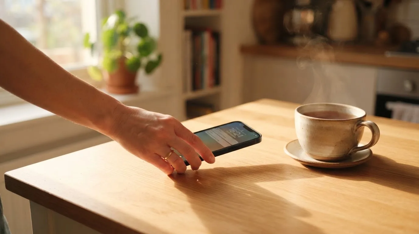 Una mano deja un móvil junto a una taza de té sobre la mesa de la cocina, una tarde tranquila