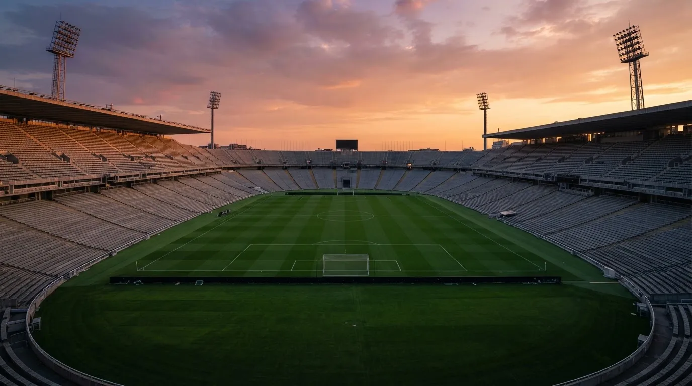 Un estadio de fútbol vacío con torres de iluminación al atardecer