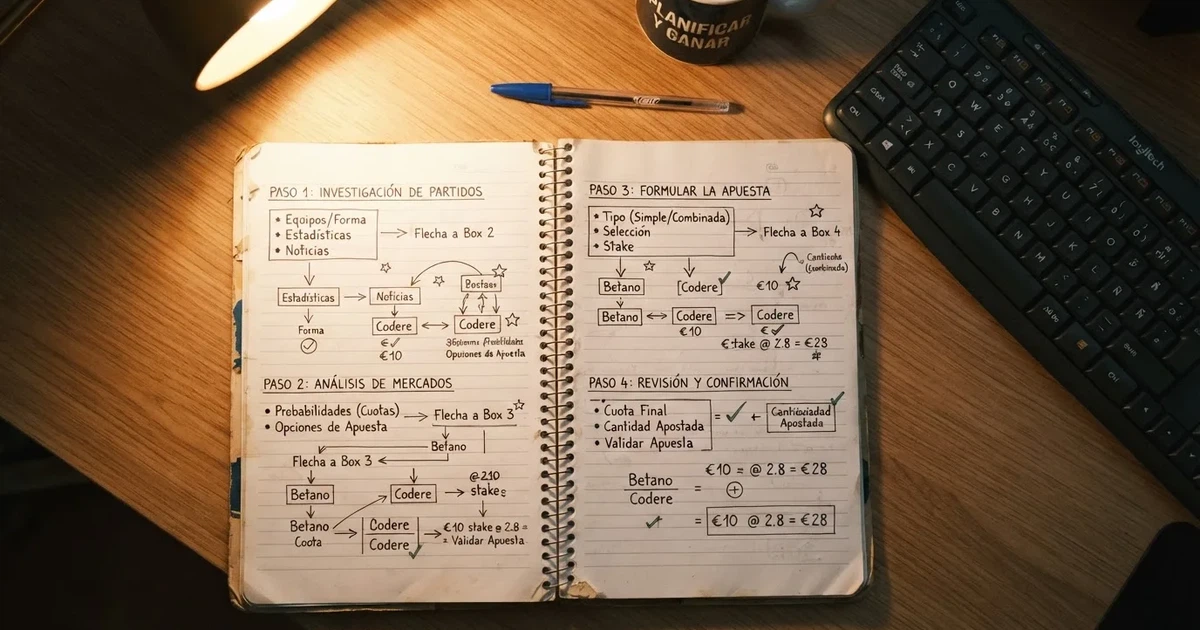 Un bloc de notas con un esquema dibujado a mano paso a paso junto a un teclado
