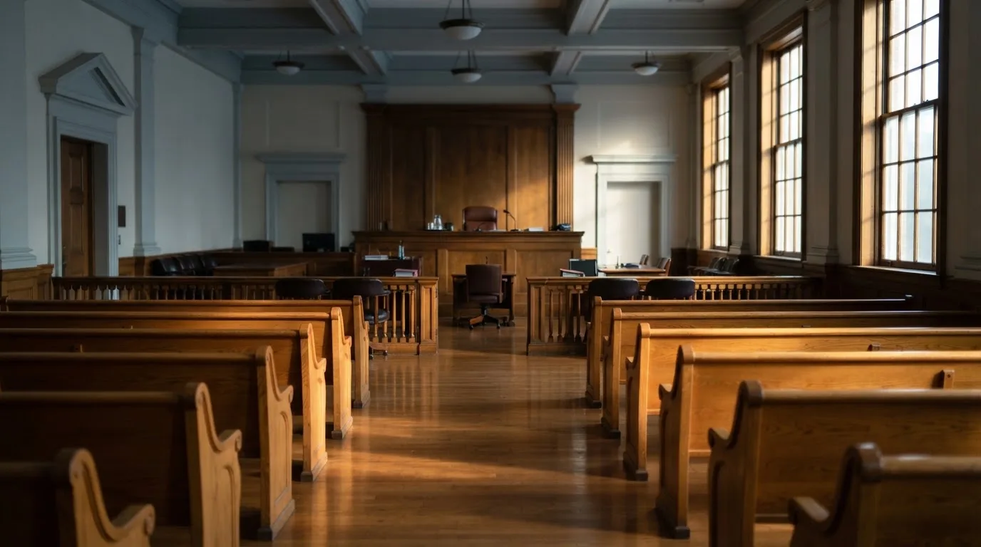 Una sala de tribunal vacía con bancos de madera a la luz de la mañana