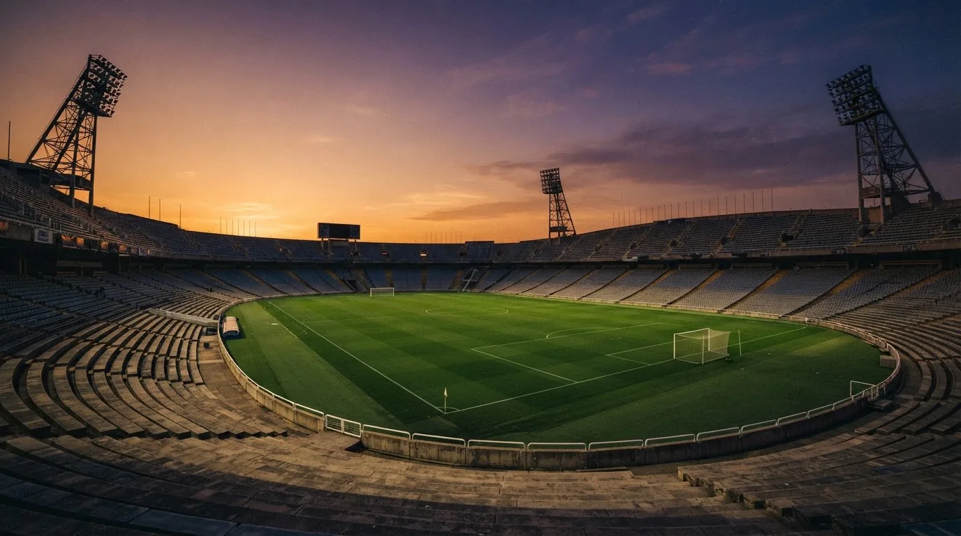 Un estadio de fútbol vacío con torres de iluminación al atardecer