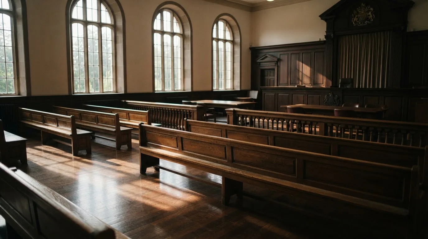 Una sala de tribunal vacía con bancos de madera a la luz de la mañana